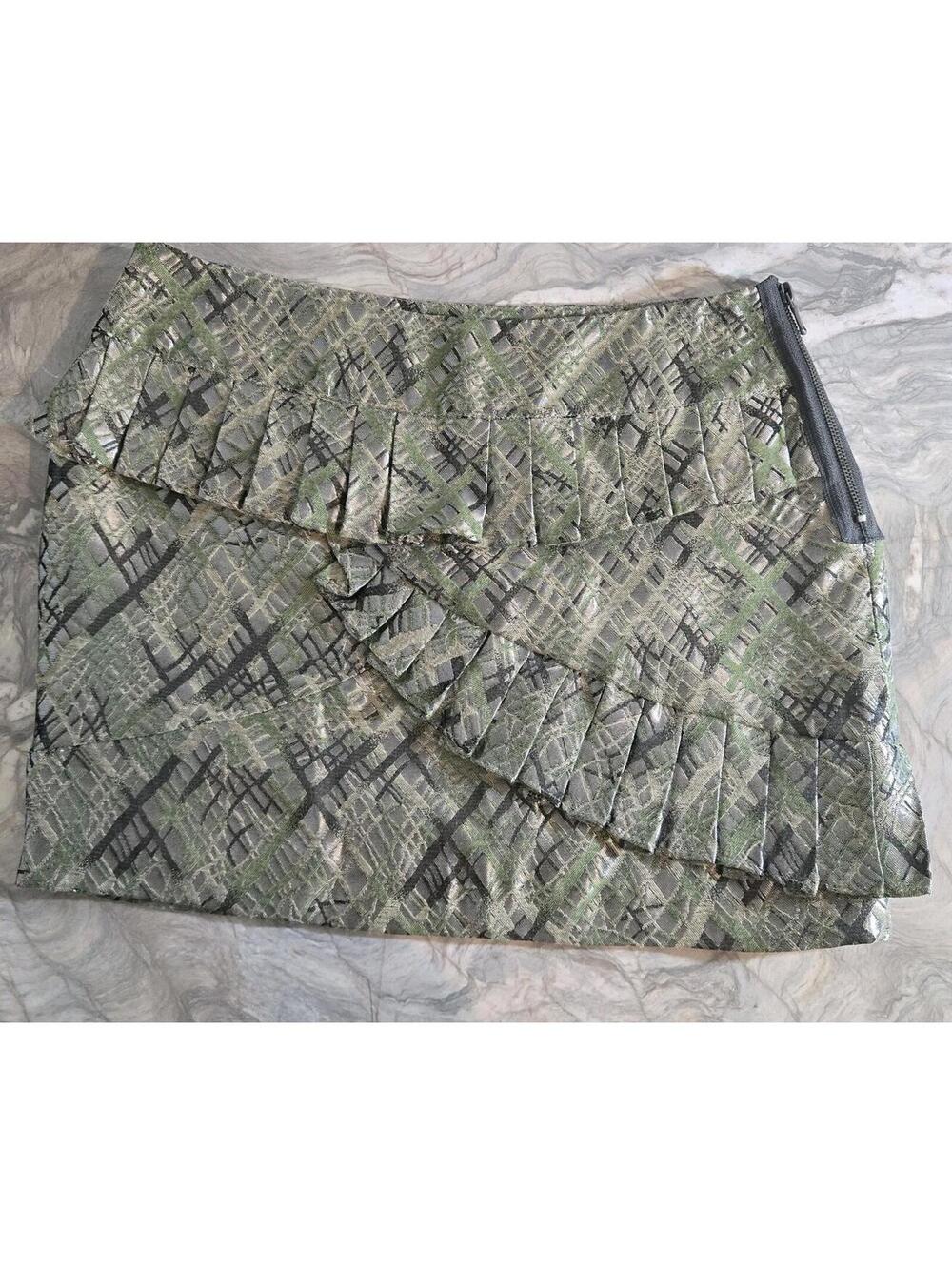 Shiny Mini Skirt Faux Wrap Green Y2K Whimsy Punk Rock Metallic Ruffle
